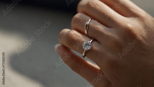 A sleek, modern engagement ring with a single, flawless diamond, catching the light in a chic, minimalist setting Generative AI © Haroon
