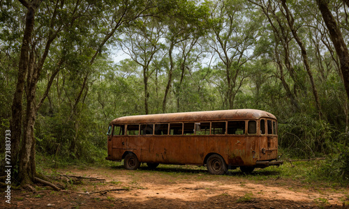 Old rusty abandoned wrecked bus in a deep forest or jungle. The concept of the apocalypse or how nature takes over humanity