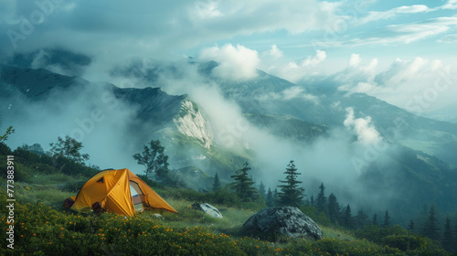 Experience the allure of outdoor exploration with this captivating image of camping equipment nestled amidst clouds and fog in the majestic mountain landscape. AI generative.