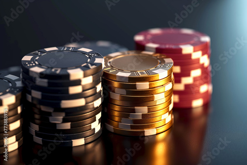 Red, gold and black poker chips stacked on a dark background close up with space for text lib inscriptions, gambling theme
 photo