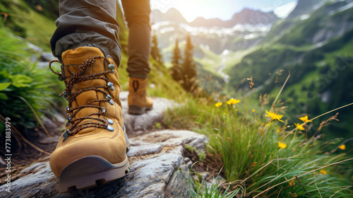 Discover the joy of hiking as a man tackles an uphill trail, his foot captured in stunning detail under the bright sunlight against a serene blue sky. Perfect for outdoor enthusiasts. AI generative.