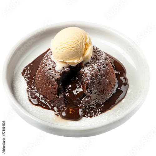 A decadent chocolate lava cake with molten chocolate center, served with a scoop of vanilla ice cream, isolated on transparent background © SRITE KHATUN