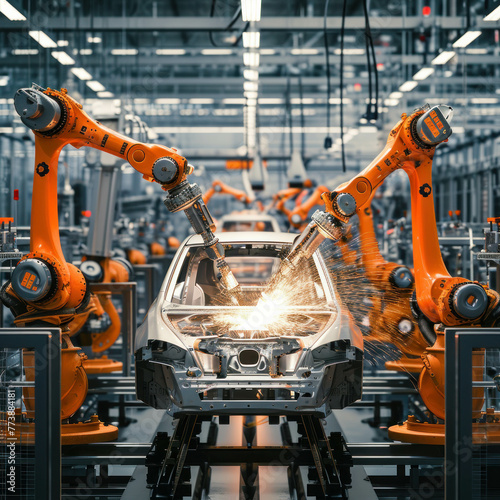 Experience the future of automotive manufacturing as robots assemble an electric car in a high-tech factory with precision and efficiency under local light. Photo grade, 8K, HDR. AI generative.