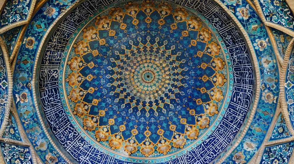 The interior of the mosque dome with oriental decoration. Islamic building architecture background.