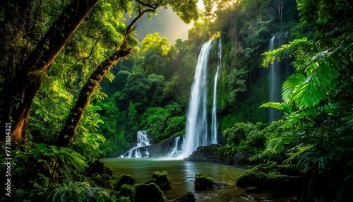 Stunning photo of a rainforest with waterfalls and lush greenery