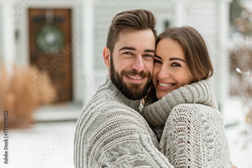 Man and woman in sweater hugging each other © Margo_Alexa