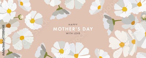 Mothers day design template in modern art style for greeting card, cover, web banner, promo ads. Abstract background with hand drawn spring flowers in pastel colors and trendy typography on beige.