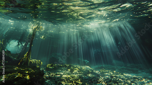 Underwater photography, natural sunlight filtering through water