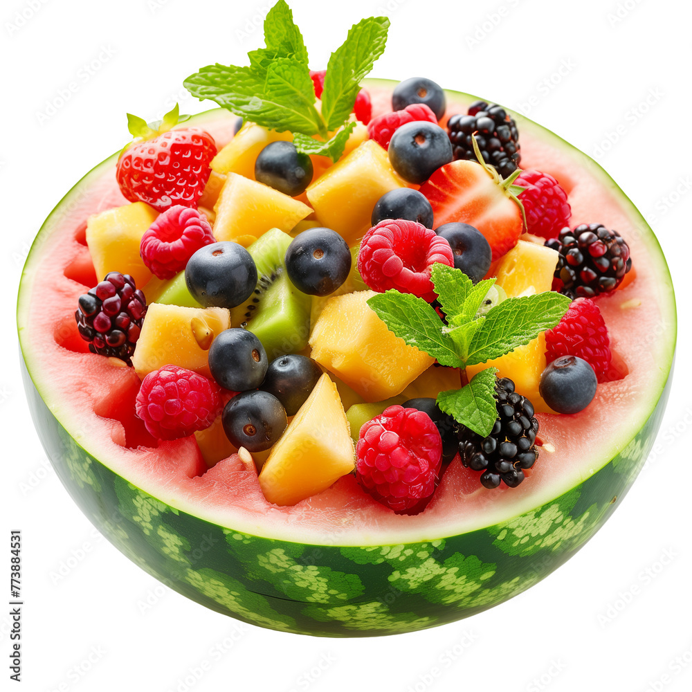 A vibrant fruit salad served in a carved watermelon bowl, featuring a mix of melon, berries, and mint, isolated on transparent background