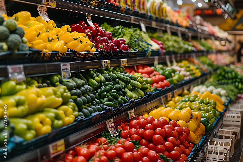 Various kinds of fresh vegetables are neatly arranged on supermarket shelves. Generative AI