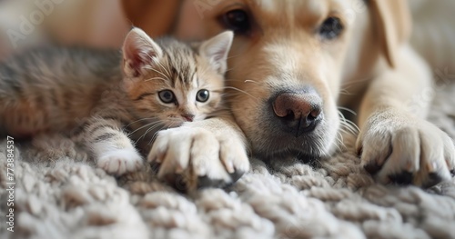 Tiny kitten, large puppy paw gently touching, close-up, protective, warm, intimate detail.  © Thanthara