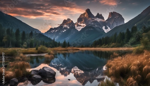 Snow-Capped Peaks and Mountain Lake Reflection at Sunset, Ideal for Travel and Outdoor Activities.