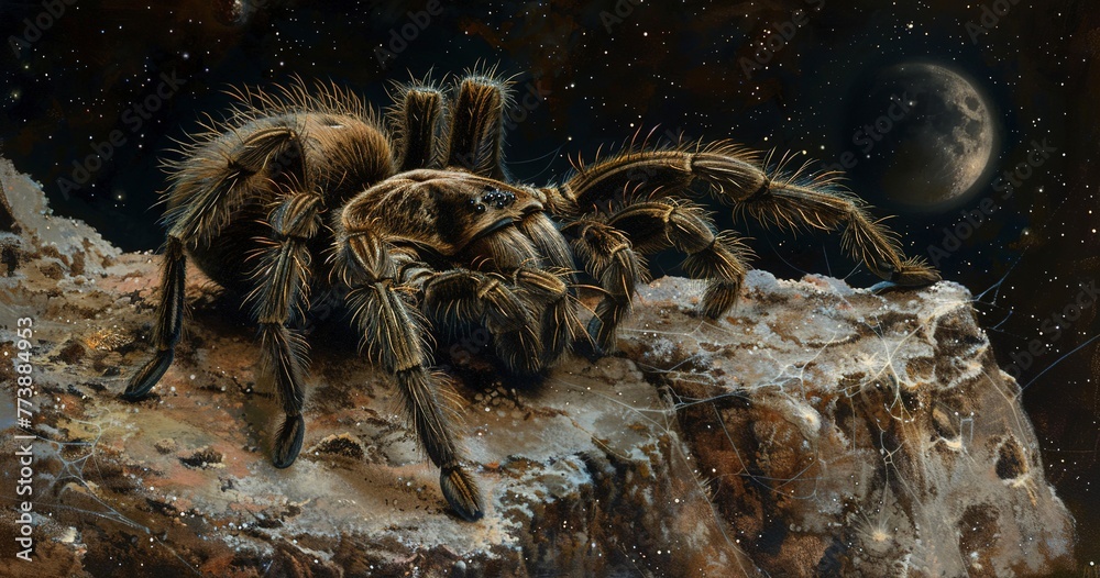 Fototapeta premium Tarantula, eyes glisten, close-up, moonlit rocks, eerie, high detail, intriguing texture.