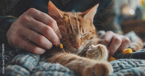 Cat getting nail trimmed, close-up, calm, precise, indoor lighting, serene, clear detail. -