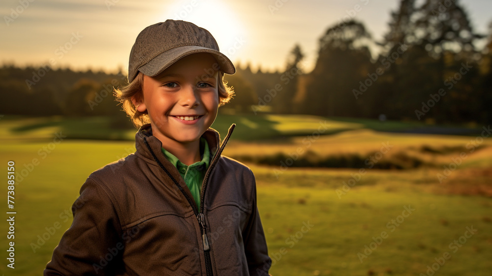 Boy practicing golf on golf course at sunrise Boy practicing golf on golf course at sunrise