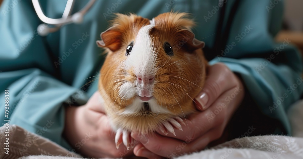 Guinea pig during health check, close-up, attentive, warm indoor, comforting, high detail. Guinea pig during health check, close-up, attentive, warm indoor, comforting, high detail.