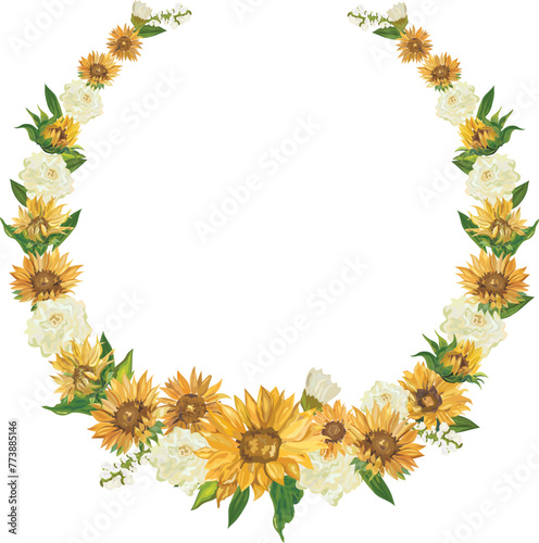 Sunflower wreath illustration on transparent background.
