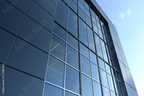 Graphite facade and large windows of the office building. with a view of the sky 