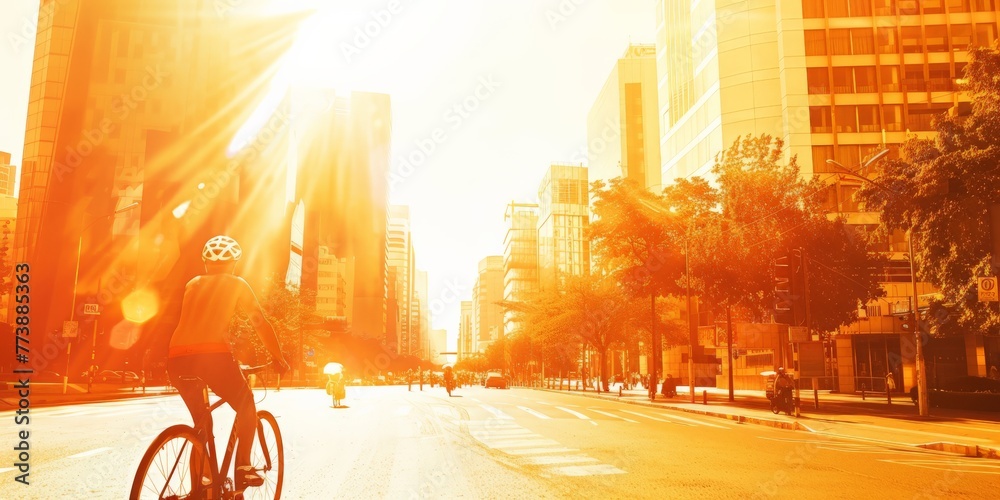 Cyclist in the city during a bright, hot summer day. Heatwave challenges in urban settings