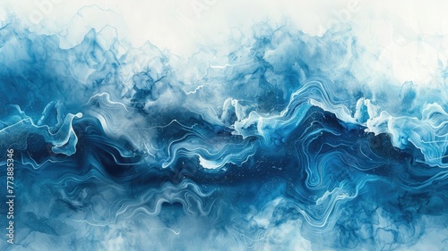 Waves in an abstract watercolor pattern of blue water © Desinage