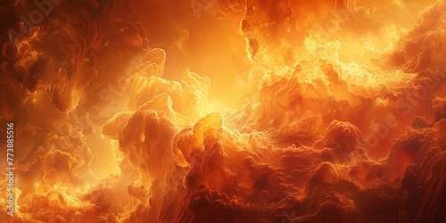 Vibrant orange glow emanates from blazing fire, evoking intense heat against a dark abstract background