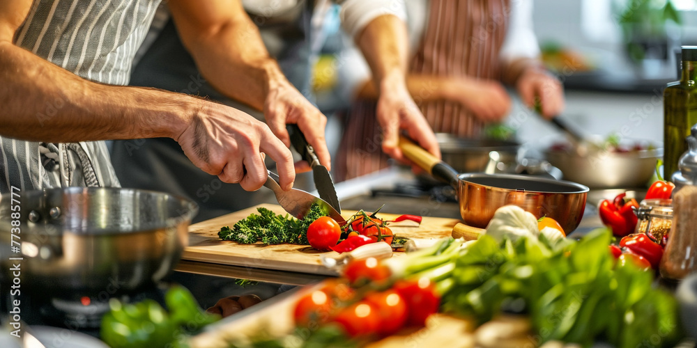 A image of a person or family preparing a meal together in the kitchen, chopping vegetables, stirring pots, and setting the table for dinner A image of a person or family preparing a meal together in the kitchen, chopping vegetables, stirring pots, and setting the table for dinner