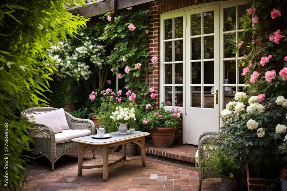 Charming English Garden Patios: Lush Greenery, Cozy Seating, Floral Decor Bliss