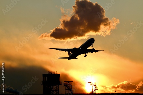 airplane at sunset