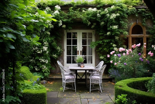Charming English Garden Patios: Lush Greenery, Cozy Seating, and Floral Serenity