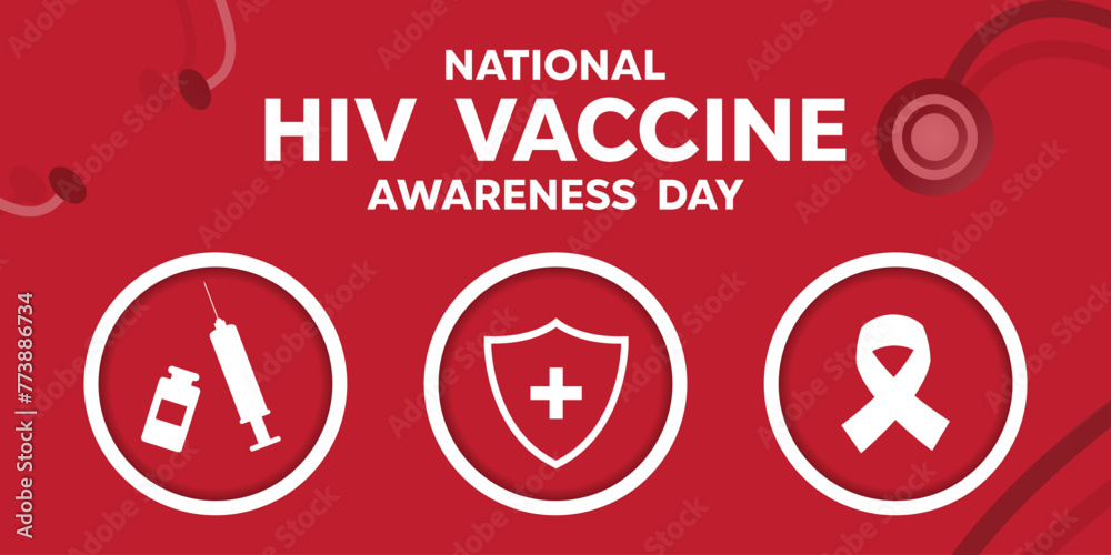 National Hiv Vaccine Day. Syringe, shield and ribbon. Suitable for cards, banners, posters, social media and more. Red background. 
