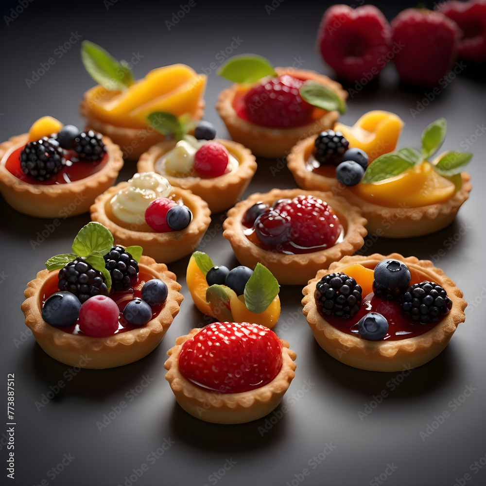 Tartlets (tarts, open pastry pies) with ricotta cheese (cottage cheese) and fresh berries (straberry, raspberry and blueberry). Tartlets (tarts, open pastry pies) with ricotta cheese (cottage cheese) and fresh berries (straberry, raspberry and blueberry).