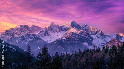 Landscape of snow-capped mountains, coniferous trees and an unusual lilac sky.a?'The concept for the development of tourism, mountaineering, skiing, rock climbing, excursions in the mountains photo