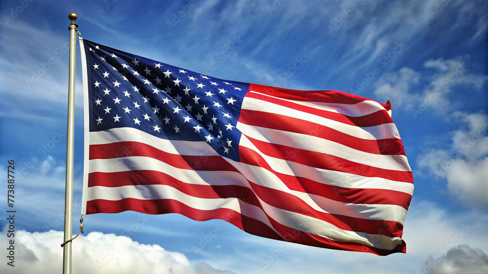 United States flag flutters dynamically in the wind against a backdrop of blue sky and scattered clouds