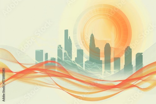 Sunset in a city with intense heatwave effects. Wavy heat patterns adding to the atmospheric tension
