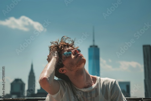 Person cooling off in the city heat with a water splash. Urban life during a sweltering summer heatwave