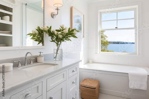 Seaside Splendor  Coastal Bathroom Design with Fresh Clean White Tiles and Sea-Inspired Accents