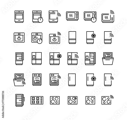 Icons für Küchengeräte und Elektronik. Set aus Kühlschrank, Backofen, Mikrowelle, Dampfgarer, Geschirrspüler und Kochfelder, IOT, WLAN, Home Connect. Vollständig editierbar
