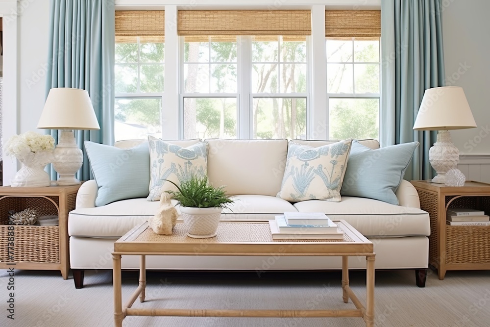 Coastal Chic Living Room: Comfortable Couch & Breezy Drapes for a Coastal Cottage Vibe