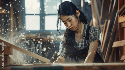 Girl carpenter in the workshop, on a pleasant sunny day, Generative AI.