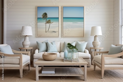 Beachy Wall Art & Slipcovered Armchairs: Coastal Cottage Living Room Ideas with Neutral Color Scheme