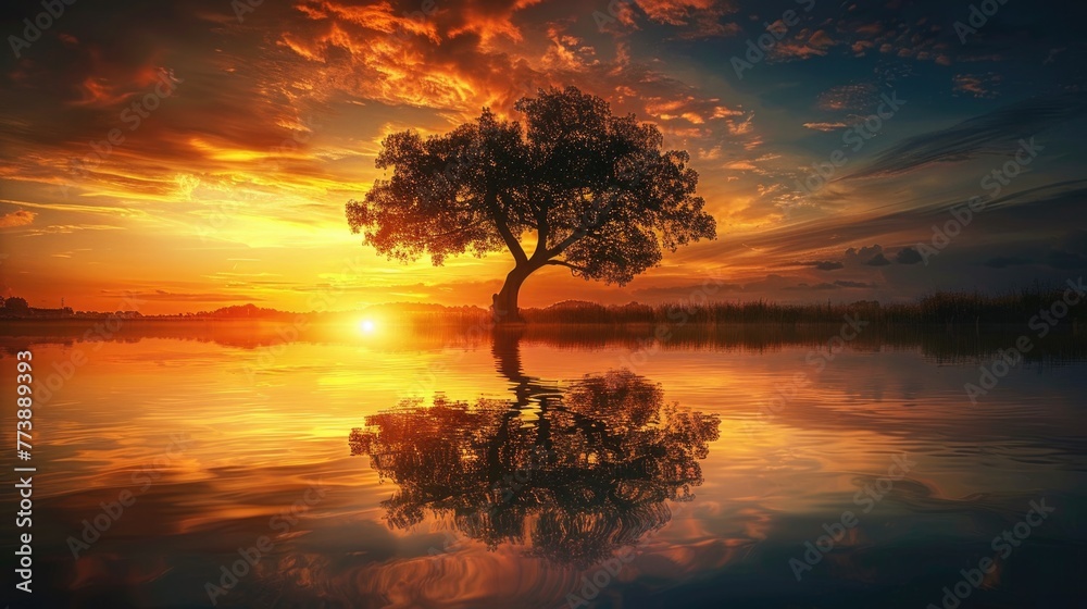 Tree In Water at Sunset. Beautiful Landscape with Reflection in Lake