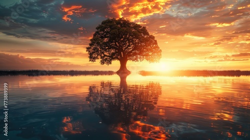 Tree In Water. Rising Sun Over Lake, Beautiful Nature Landscape