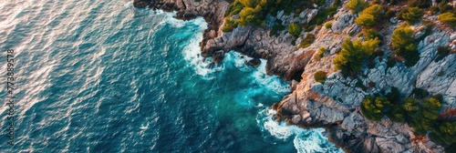 Ocean Coast. Aerial View of Sea Waves Crashing Against Rocky Coastline in Montenegro