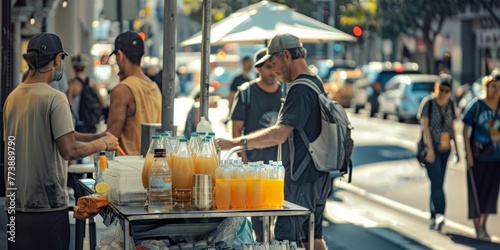Street vendor sells cold drinks during extreme heatwave. City life on a hot summer day