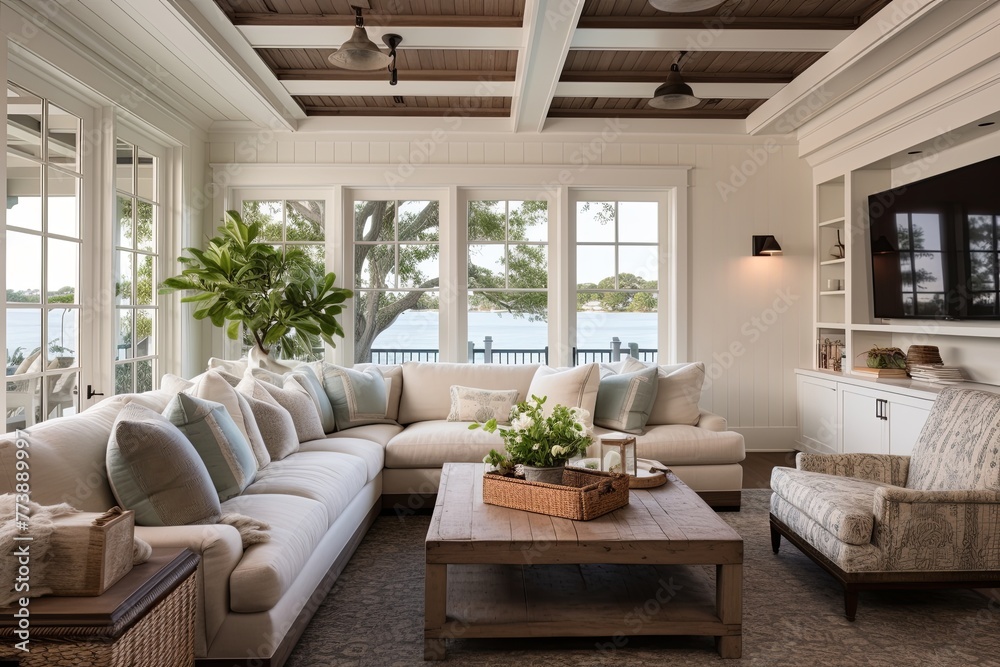 Fototapeta premium Beadboard Bliss: Coastal Farmhouse Living Room Ideas with Architectural Interest