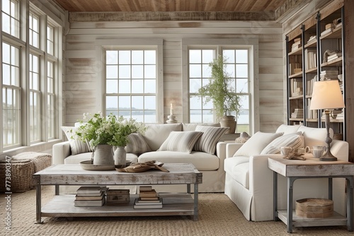 Galvanized Charm: Coastal Farmhouse Living Room Ideas with Rustic Flair © Michael