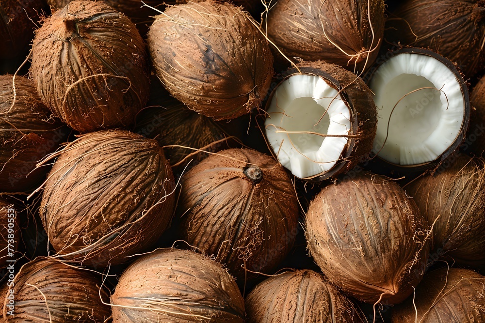 Peeled coconut fruit, brown skin, coconut meat in white Peeled coconut fruit, brown skin, coconut meat in white