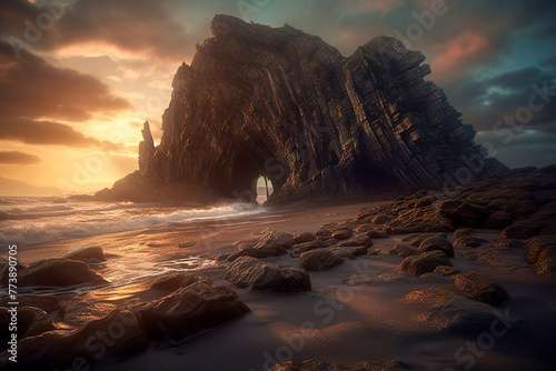 A majestic rock formation on a serene beach, illuminated by the golden hues of sunset