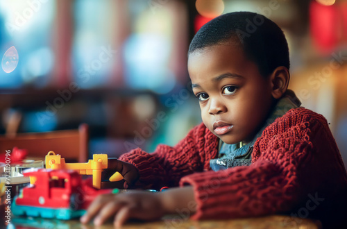 A young boy is sitting at a table with a toy truck. He is wearing a red sweater and he is focused on playing with the toy