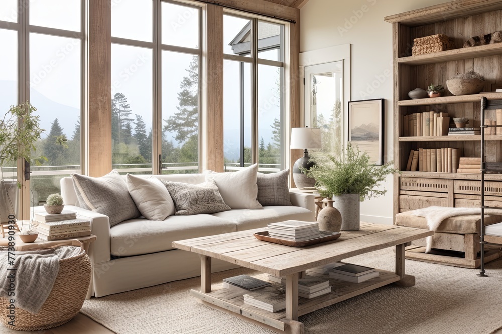 Fototapeta premium Reclaimed Wood Coastal Farmhouse Living Room Ideas: Sustainable Style Inspiration